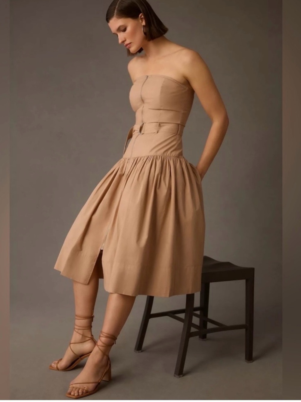 NWT Love The Label L Khaki Tan Strapless Midi Utility Dress Belted 100% Cotton